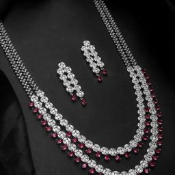 Voylla Silver Sparkling Elegance Ruby Glimmer American Diamond Necklace & Earring Set-picture-31