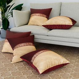Aura Maroon & Cream-Coloured Set of 5 Geometric Square Cushion Covers-image-68