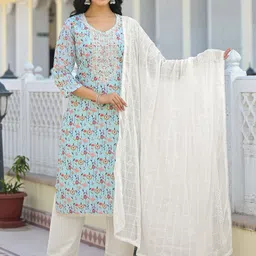 Label Khoj Floral Embroidered V-Neck Thread Work Kurta With Trousers And Dupatta-image-43