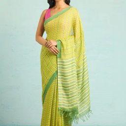 Taneira Green Linen Printed Saree With Unstitched Blouse-image-14