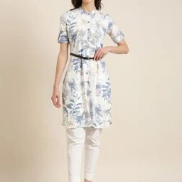 SHOWOFF White & Blue Cotton Floral Print Kurta With Belt-image-36