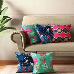 India Circus by Krsnaa Mehta Multicolor Poly Satin Blooms & Swans Cushion Covers - Set of 5-7