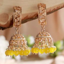 Aatmana Rose-Gold-Plated AD Studded Yellow &White Beaded Jhumki Earrings for Women-48