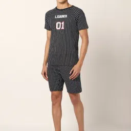 Ajile by Pantaloons Black Cotton Slim Fit Striped Nightwear Set-image-1