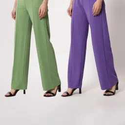 Kotty Green & Purple Solid High rise Trousers (Pack Of 2)-image-74
