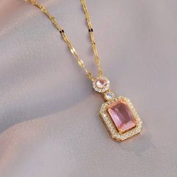 Estailo fashion Women Gold-Plated Cubic Zirconia Studded Square Pendant With Chain-image-55