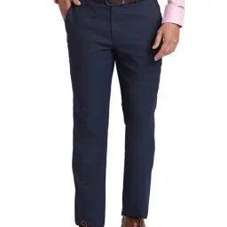 Park Avenue Navy Regular Fit Check Flat Front Trousers-image-19