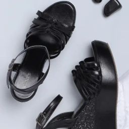 Iconics Women's Black Ankle Strap Wedges-picture-11
