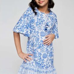 Global Desi Girl Blue & White Floral Print Dress-image-79
