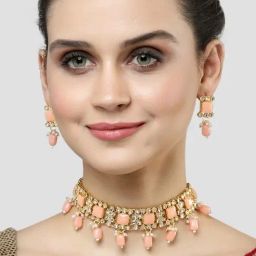 Karatcart Gold-Plated Peach Tumble Kundan Necklace Set-13