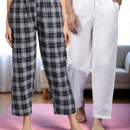 Kryptic White & Navy Blue Cotton Relaxed Fit Printed Lounge Pants - Pack of 2-image-71