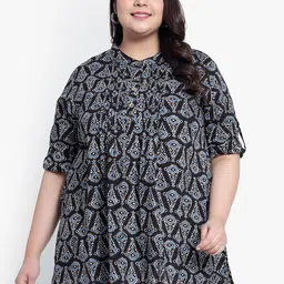 Indietoga Women Plus Size Abstract Printed Mandarin Collar Cotton Top-5