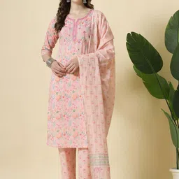 Yufta Women Floral Embroidered Regular Thread Work Pure Cotton Kurta with Trousers & With Dupatta-image-45