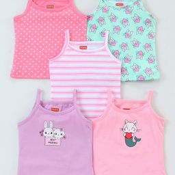 Babyhug 100% Cotton Knit Sleeveless Striped & Kitty Printed Slips Pack of 5 - Blue & Pink-image-44