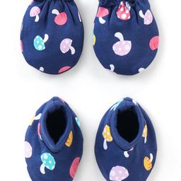 Babyhug 100% Cotton Knit Mushroom Printed Mittens & Booties Set - Navy Blue-image-19