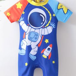 Babyhug Half Sleeves Legged Swimsuit Astronaut Print - Blue-image-24