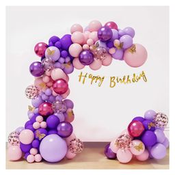 Bubble Trouble Happy Birthday Butterfly Theme Decoration DIY Combo with Pink & Purple Balloons Gold Happy Birthday Banner Gold Butterflies & Rose Gold Confetii Balloon - Pack of 82-24
