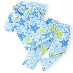 Babyhug Poplin Woven Half Sleeves Night Suit Star Fish Print-Blue-image-32
