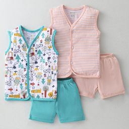 OHMS Single Jersey Sleeveless Night Suit With Stripes And Doodles Print Pack Of 2 -Blue & Pink-image-19