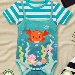 Pranava 100% Organic Cotton Half Sleeves Striped & Under Water Digital Printed Onesie - Aqua Blue-image-12