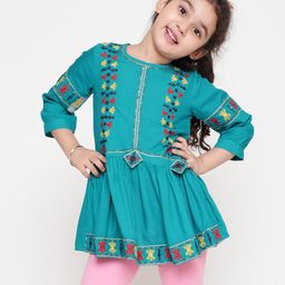 ISHTI Three Fourth Sleeves Mirror Work & Floral Embroidered Detailed Top - Blue-picture-26