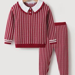Kookie Kids Cotton Full Sleeves Collar Neck Sweater Set With Checks Design - Maroon-image-8