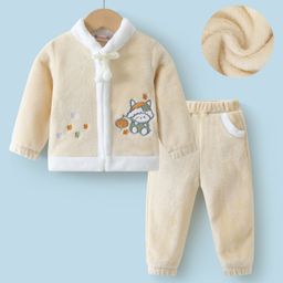 Kookie Kids Full Sleeves Front Zipper Winter Wear Night Suit With Animal Applique - Yellow-image-6