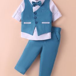 Robo Fry Lycra Woven Full Sleeves Solid Color 3 Piece Party Suit with Bow - Blue-image-69