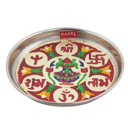 HAZEL Steel Shubh Labh Designer Puja Thali - Silver-picture-0