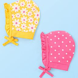 Babyhug 100% Cotton Knit Caps With Floral & Polka Dots Print Pack Of 2 - Yellow & Dark Pink-image-39
