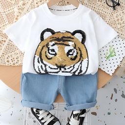 Googo Gaaga Cotton Half Sleeves Sequins Embellished Tiger Designed Tee With Denim Shorts - White-image-32