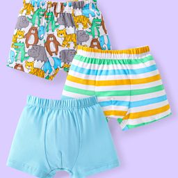 Babyhug 100% Cotton Knit Trunks with Stripes & Animal Print Pack of 3 - Light Blue & White-image-57