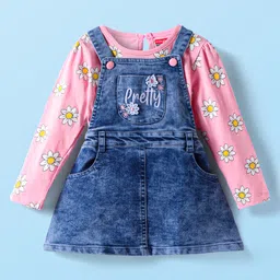 Babyhug Woven Denim Frock & Full Sleeves Inner Tee With Floral Print - Navy Blue & Pink-picture-15
