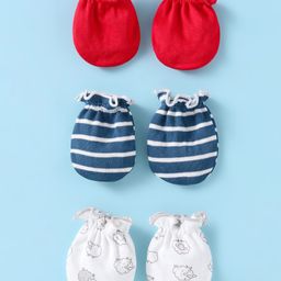 Ben Benny 100% Cotton Knit Mittens With Stripes & Sheep Print Pack of 3 - Navy Blue Red & White-picture-14