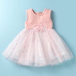 Mark & Mia Sleeveless Party Frock Style Onesie with Polka Dots Embroidery & Floral Applique - Peach-image-61