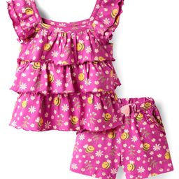 Babyhug Single Jersey Knit Frill Sleeves Co-ords Layered Top & Shorts Set with Floral Print & Bow Applique - Dark Pink-image-97