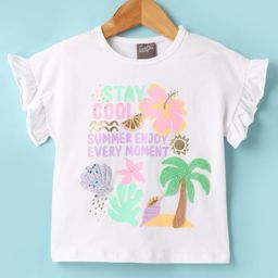 Little Kangaroos Cotton Knit Frill Sleeves Tops With Shell Patch & Tropical Theme Print - White-image-89