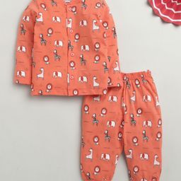 BUMZEE Cotton Knit Full Sleeves Animal Printed Night Suit - Coral-image-73