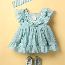 Enfance Flared Sleeves Self Design Knee Length Dress With Headband & Booties - Sea Green-picture-14