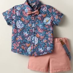ToffyHouse Cotton Woven Half Sleeves Shirt & Shorts With Bow & Suspender with Floral Print - Rose Gold & Navy Blue-image-67