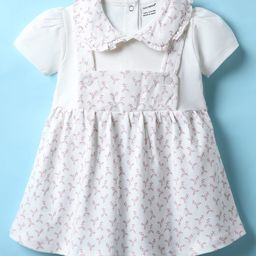 CUCUMBER Interlock Knit Half Sleeves Frock with Leaves Print & Frill Detailing - Off White-picture-6