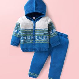 Babyhug Full Sleeves Hooded Front Open Sweater Set With Floral & Stripe Design - White & Blue-image-69