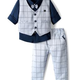 Mini Taurus Sinker Knit Full Sleeves Checks 3 Piece Party Suit With Bow Applique - Navy Blue-image-29