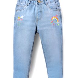 Babyhug Denim Full Length Washed Jeans With Stretch & Rainbow Embroidery - Light Blue-image-61
