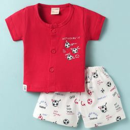 CUCUMBER Sinker Knit Half Sleeves Shorts Night Suit with Sport Theme Print - Red-image-55