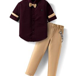 Rikidoos Full Sleeves Textured Shirt & Pant With Suspender & Bow Set - Coffee & Beige-picture-4