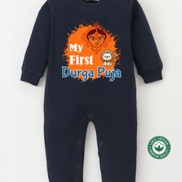 BLUSHES 100% Cotton Knit Durga Puja Theme Full Sleeves My First Durga Puja Text Printed Romper - Navy Blue-picture-23