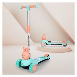 R for Rabbit Road Runner Bunny Kids Scooter 3 Level Adjustable Height Smart Fold & PU LED Wheels -Green & Peach image 2