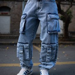 Powerlook Men Relaxed Fit Baggy Fit Denim Cargo Jeans-image-51
