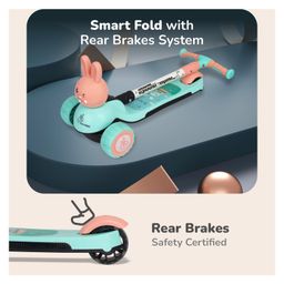 R for Rabbit Road Runner Bunny Kids Scooter 3 Level Adjustable Height Smart Fold & PU LED Wheels -Green & Peach image 4
